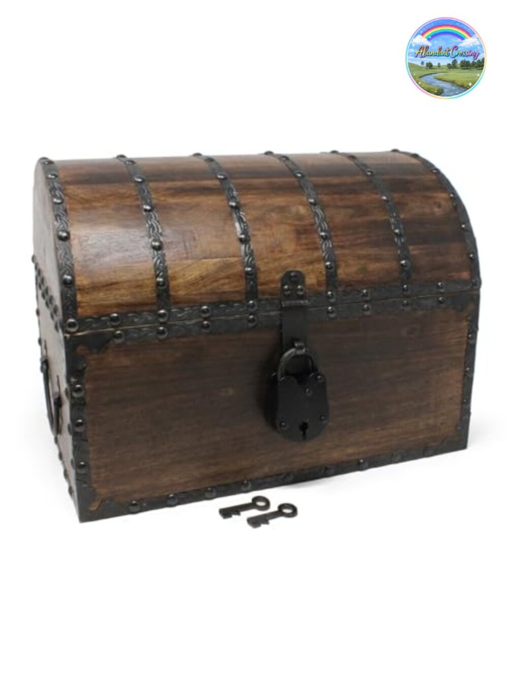 Antiqued Mango Wood Treasure Chest with Iron Strips Lock & Skeleton Keys